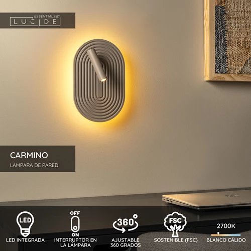 Lucide CARMINO - Lámpara de pared - LED - 2700K - Taupe | Essential - USP